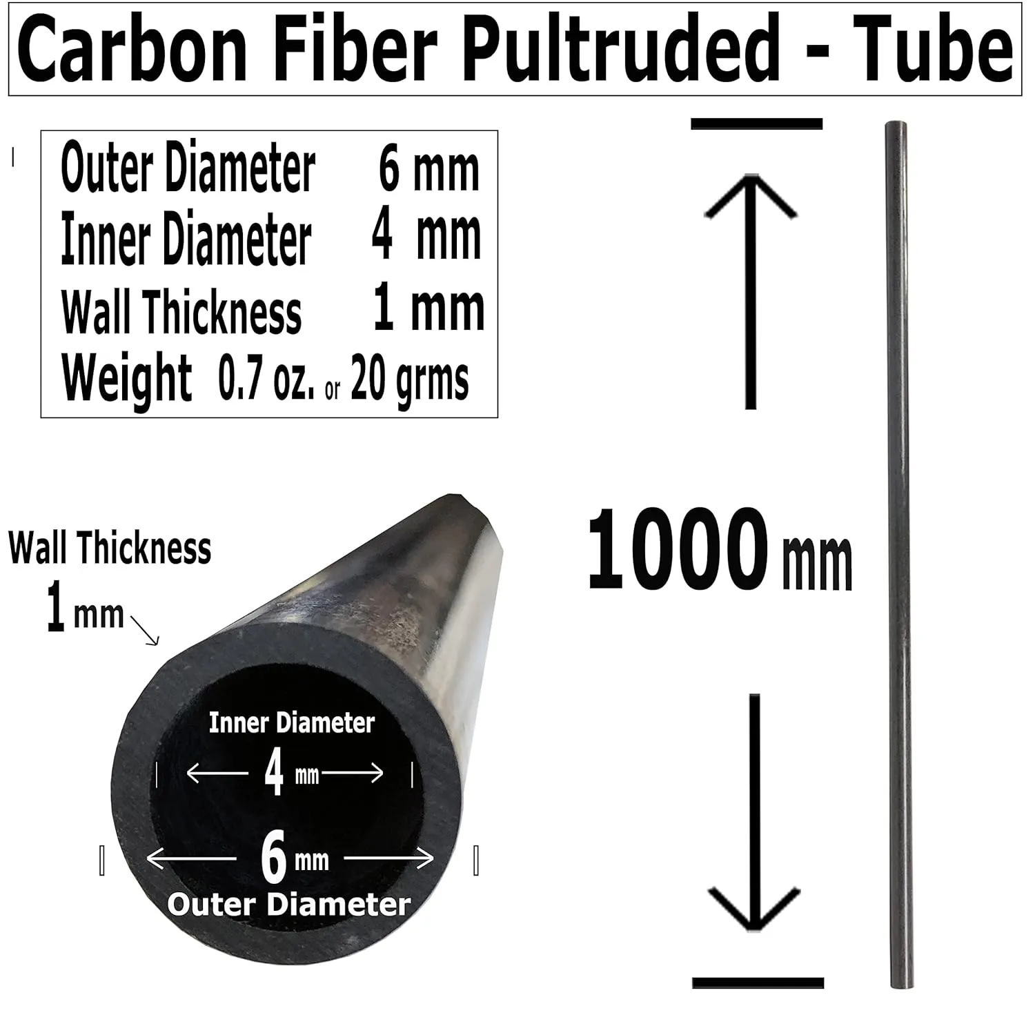 – Carbon Fiber Tube - 6mm X 4mm x 1000mm – Pultruded Round Hollow Carbon Fiber rods Black Matte Finish - Pure Carbon Fibre Hollow Tube shafts - for RC Planes-Drones, Boat DIY Craft Projects