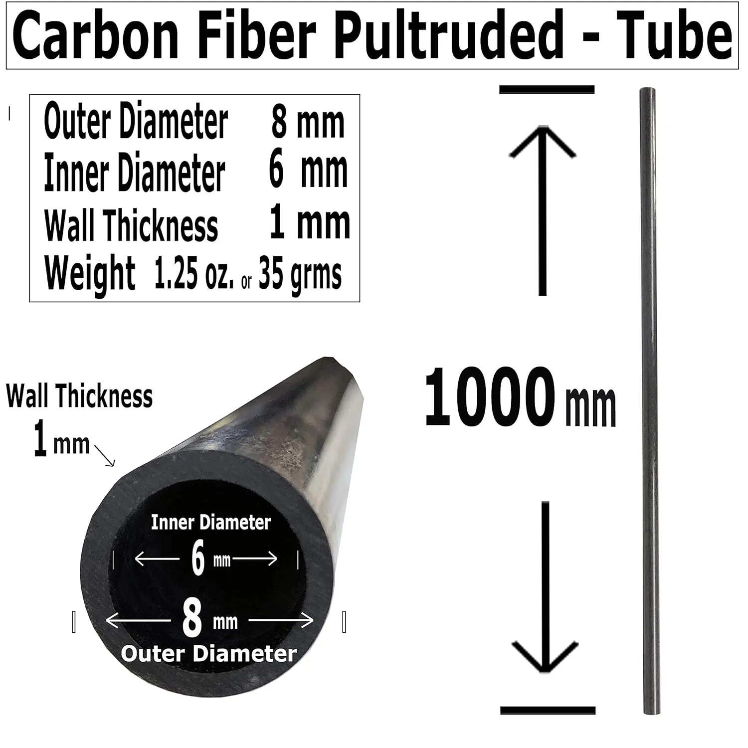 – Carbon Fiber Tube - 8mm X 6mm x 1000mm – Pultruded Round Hollow Carbon Fiber rods Black Matte Finish - Pure Carbon Fibre Hollow Tube shafts - for RC Planes-Drones, Boat DIY Craft Projects