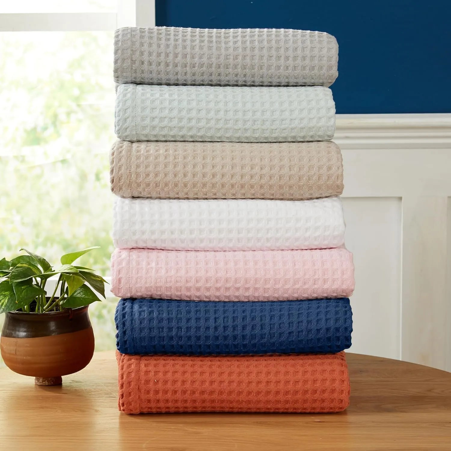 100% Cotton Waffle Weave Bed Blanket | Soft, Breathable, and Lightweight Blanket for All-Season | Perfect for Layering | Brielle Collection (Full/Queen, Light Grey)