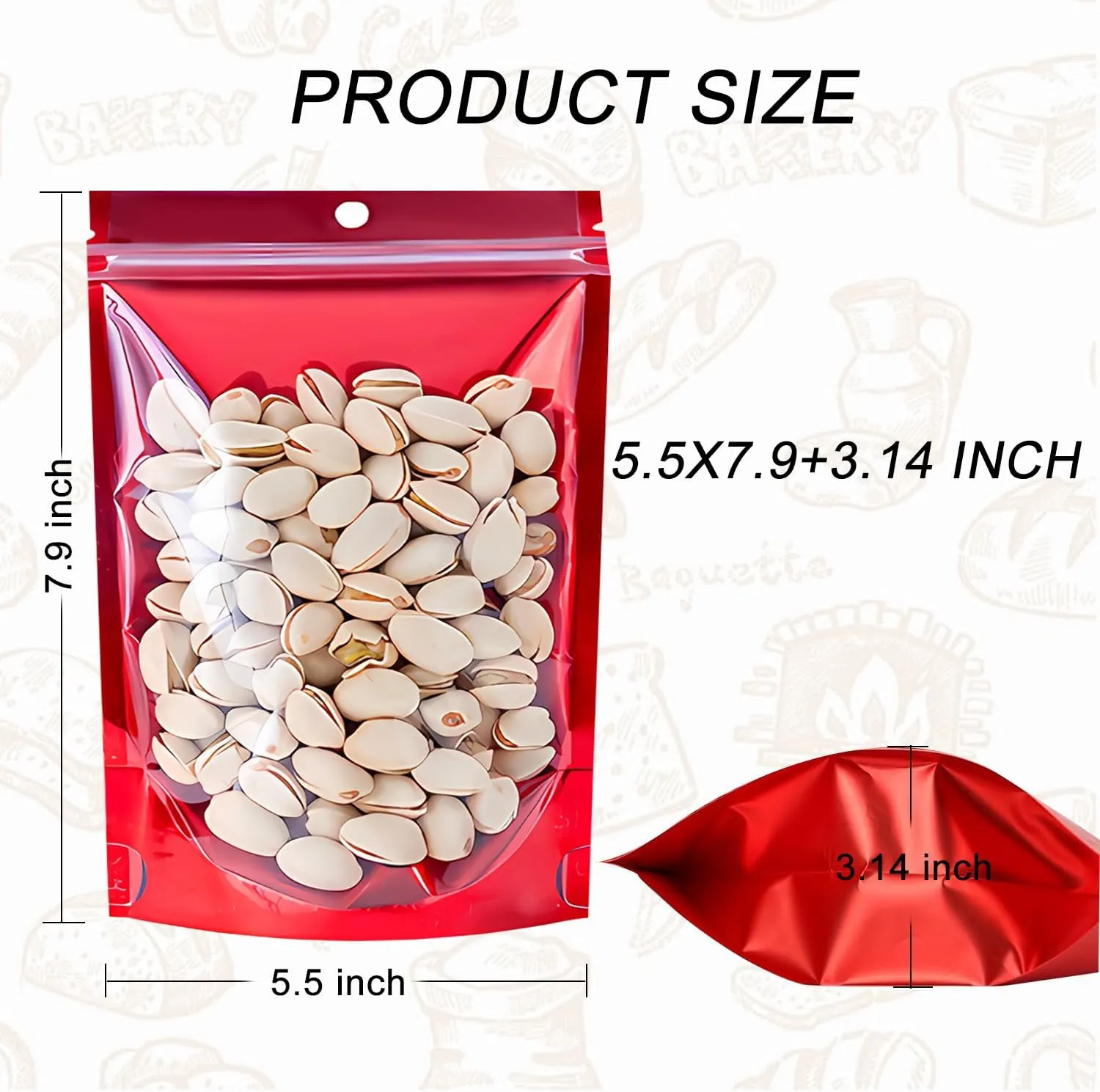 100PCS Mylar Bags for Food Storage，Resealable Bags for Small Business with Clear Windonw,5.5x7.9 inch Smell Proof Bags Stand Up Zip Lock Pouches Aluminum Foil Sealable Bags for Packaging Cookie,Snack