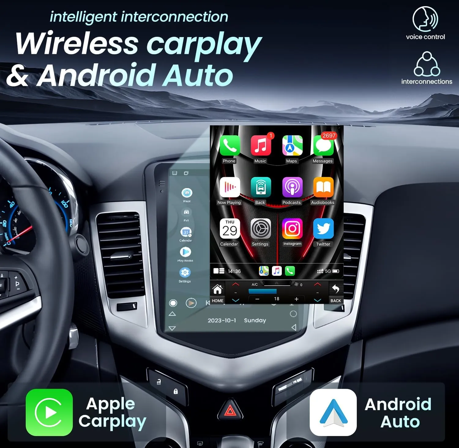 10.4 Inches 5G WiFi 8 Core 4G 64G Car Stereo Radio for Chevrolet Cruze 2009-2015 with CarPlay & Android Auto Android 13 GPS Navigation Support 48EQ Mirroring AirPlay Rear 1080P Camera SWC