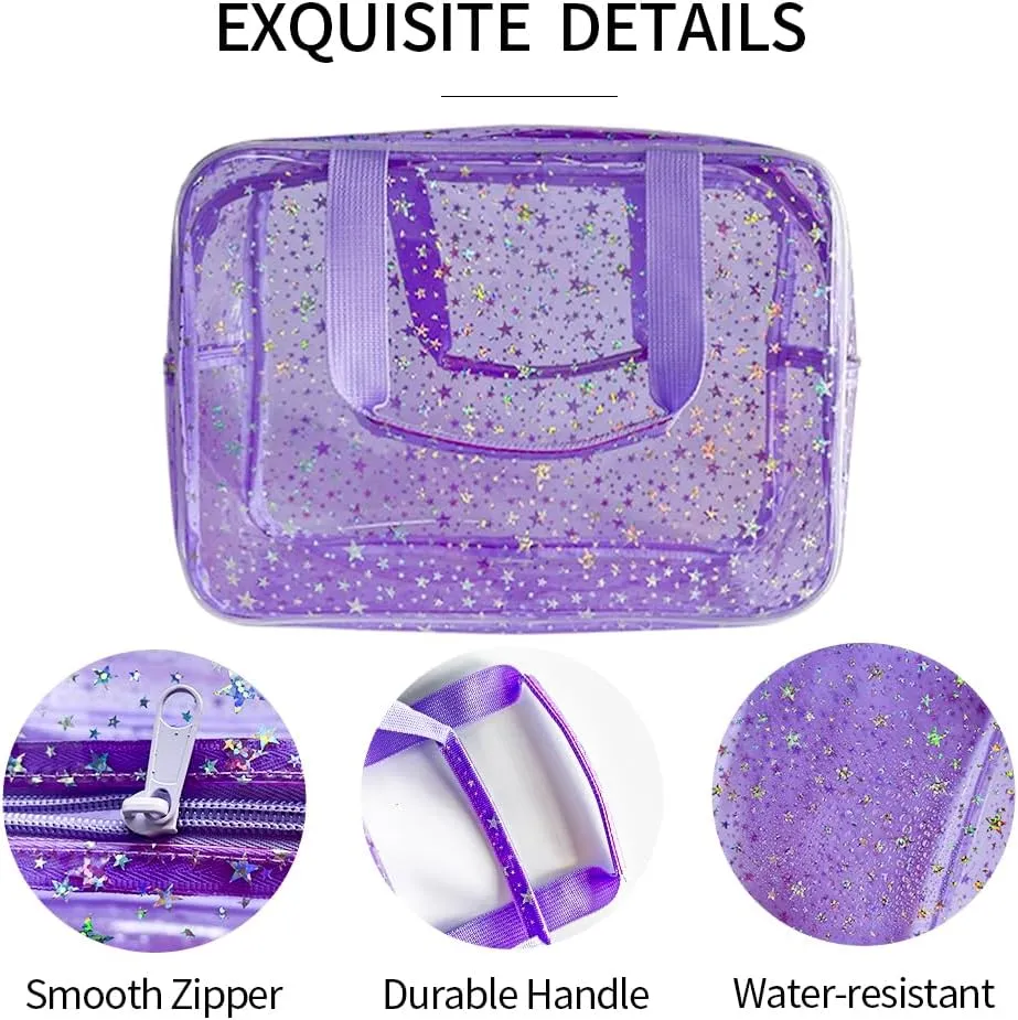 12”X5“X8” Portable 8L Purple Clear Makeup Bag Twinkle Star Toiletry Bag Waterproof Cosmetic Bag With Zipper & Handle for Concert Sports Events Travel Commuting Beach Essential