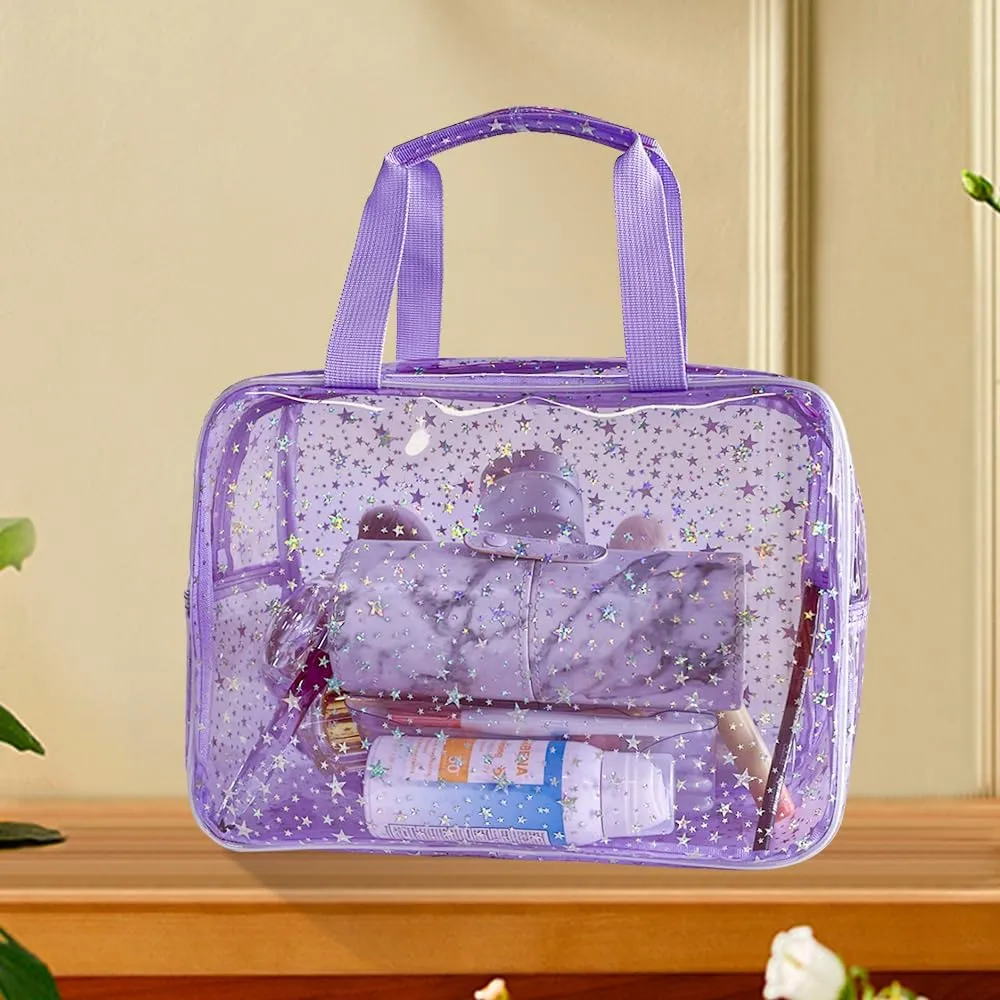 12”X5“X8” Portable 8L Purple Clear Makeup Bag Twinkle Star Toiletry Bag Waterproof Cosmetic Bag With Zipper & Handle for Concert Sports Events Travel Commuting Beach Essential
