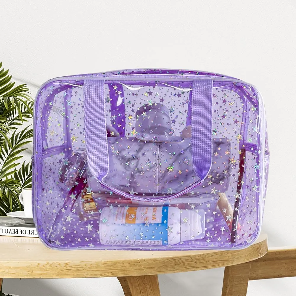 12”X5“X8” Portable 8L Purple Clear Makeup Bag Twinkle Star Toiletry Bag Waterproof Cosmetic Bag With Zipper & Handle for Concert Sports Events Travel Commuting Beach Essential