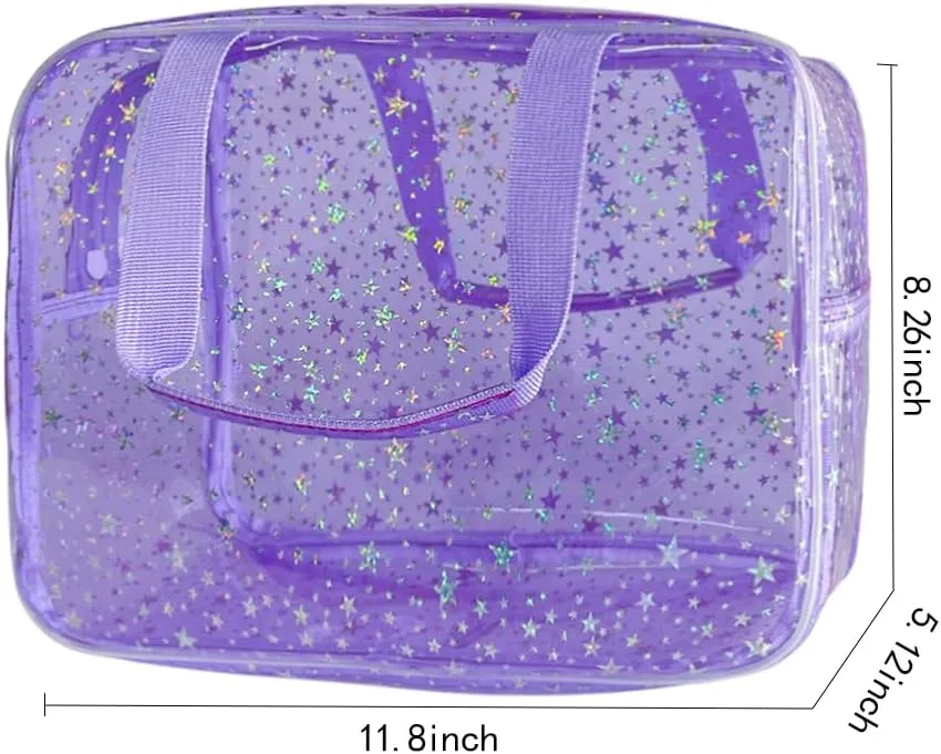 12”X5“X8” Portable 8L Purple Clear Makeup Bag Twinkle Star Toiletry Bag Waterproof Cosmetic Bag With Zipper & Handle for Concert Sports Events Travel Commuting Beach Essential
