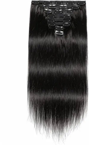 14 Natural Black Clip-in Human Hair Extensions, 8-Piece Set, Straight, Seamless Design for Effortless Wear, Adds Length & Shine