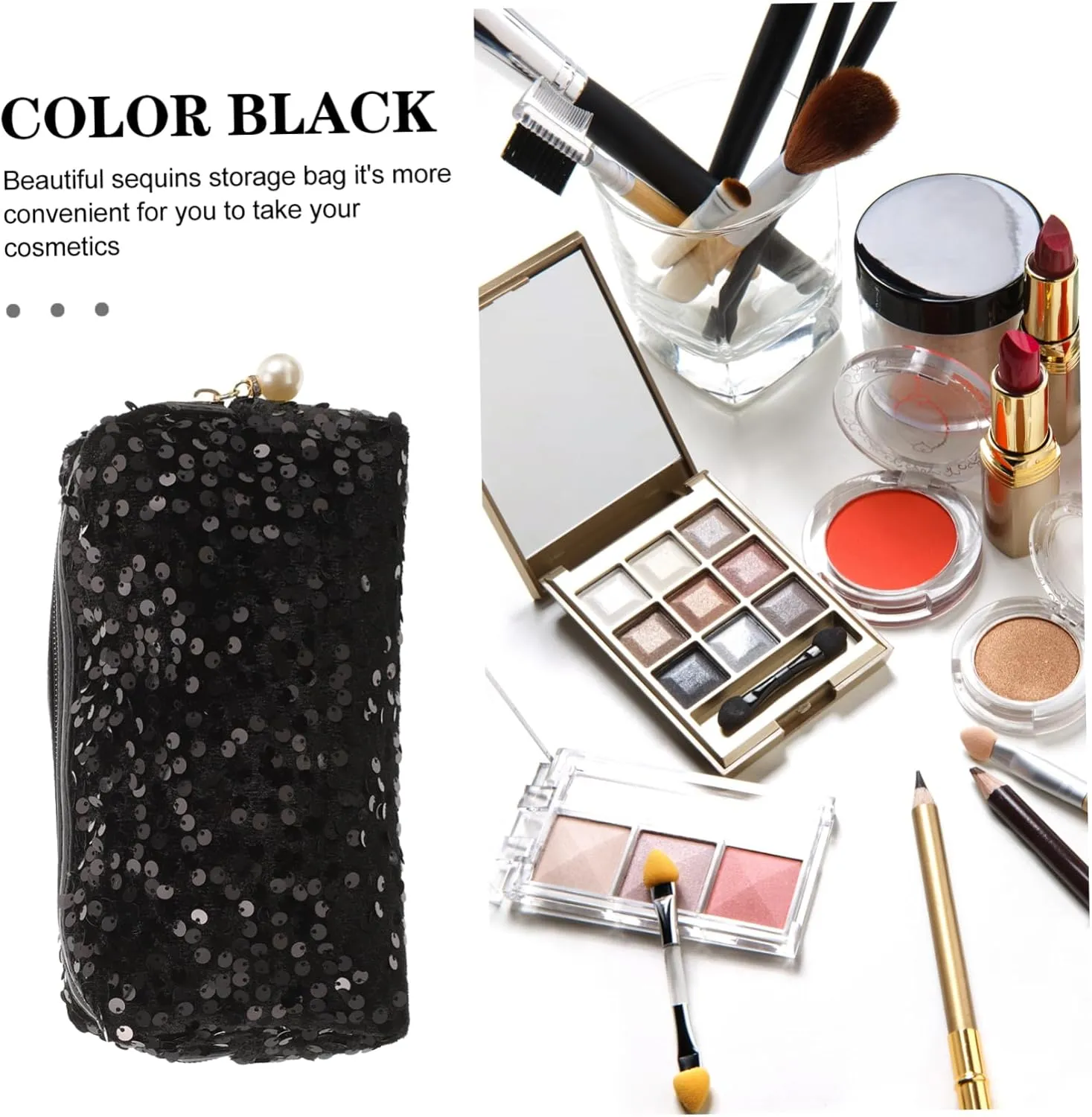 1pc Sequin Cosmetic Bag Large Capacity Travel Cosmetic Bag Black Pencil Pouch Cosmetic Organizer Bag Creative Pencil Pouch Sequin Zipper Bag Sequin Bag Storage Bag Makeup Handbag