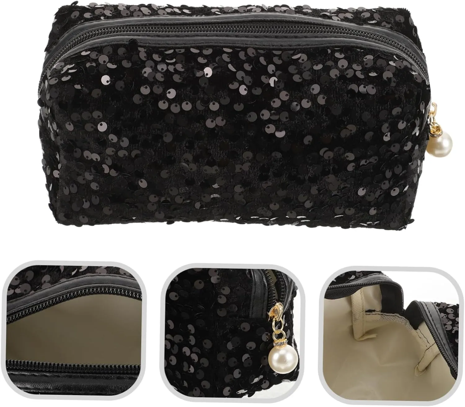 1pc Sequin Cosmetic Bag Large Capacity Travel Cosmetic Bag Black Pencil Pouch Cosmetic Organizer Bag Creative Pencil Pouch Sequin Zipper Bag Sequin Bag Storage Bag Makeup Handbag
