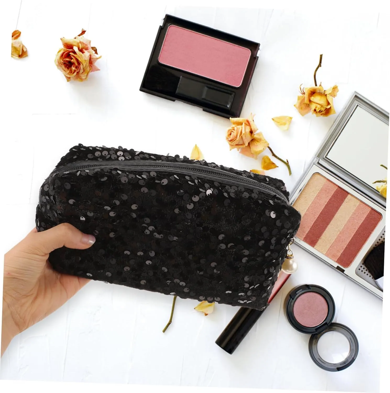 1pc Sequin Cosmetic Bag Large Capacity Travel Cosmetic Bag Black Pencil Pouch Cosmetic Organizer Bag Creative Pencil Pouch Sequin Zipper Bag Sequin Bag Storage Bag Makeup Handbag