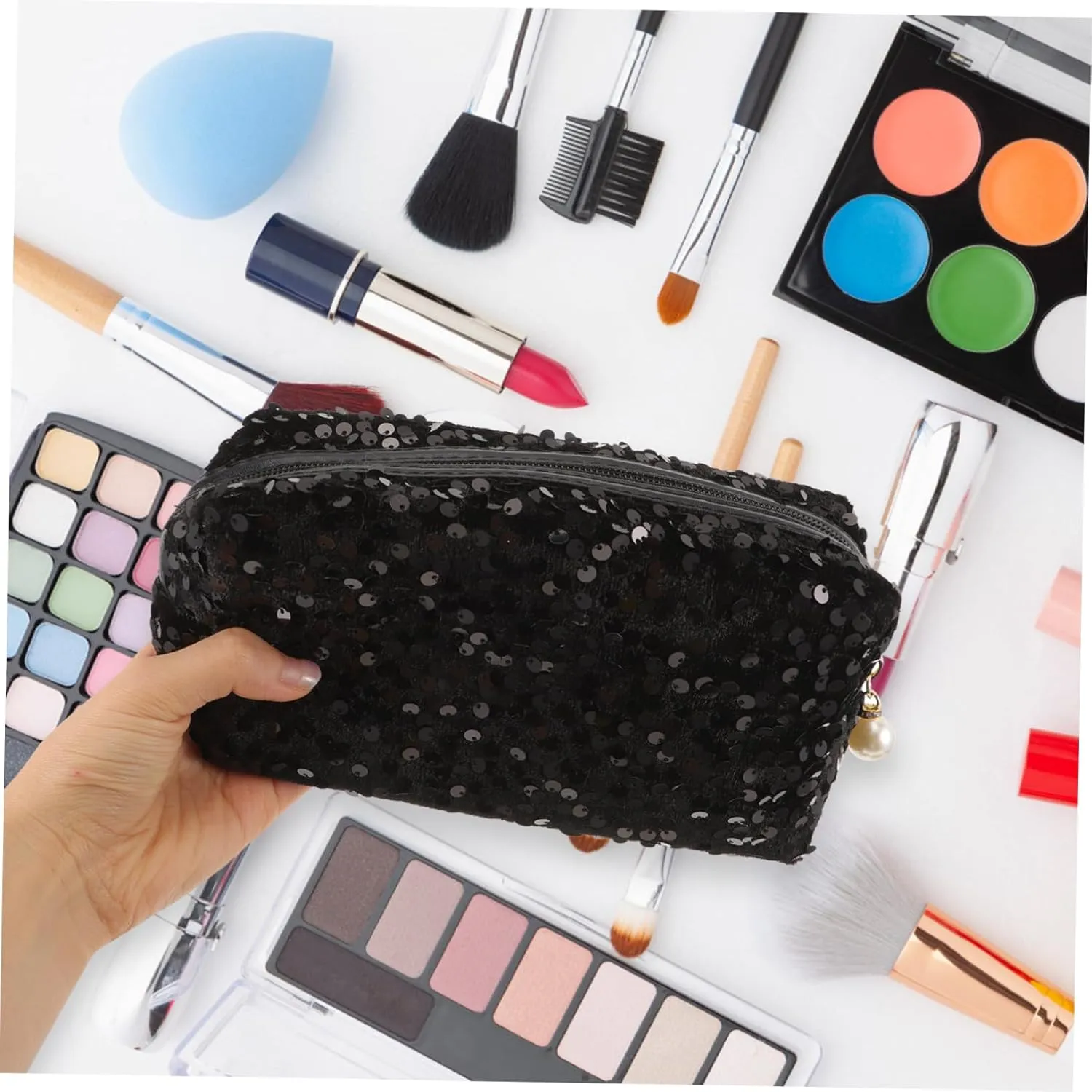 1pc Sequin Cosmetic Bag Large Capacity Travel Cosmetic Bag Black Pencil Pouch Cosmetic Organizer Bag Creative Pencil Pouch Sequin Zipper Bag Sequin Bag Storage Bag Makeup Handbag