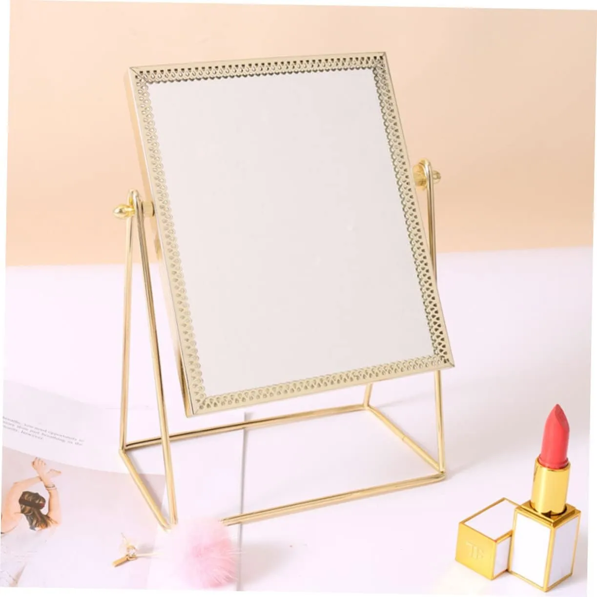 1pc Square Flower Lace Makeup Mirror Decorative Desk Mirror for Friends Family Elegant Design Golden Finish
