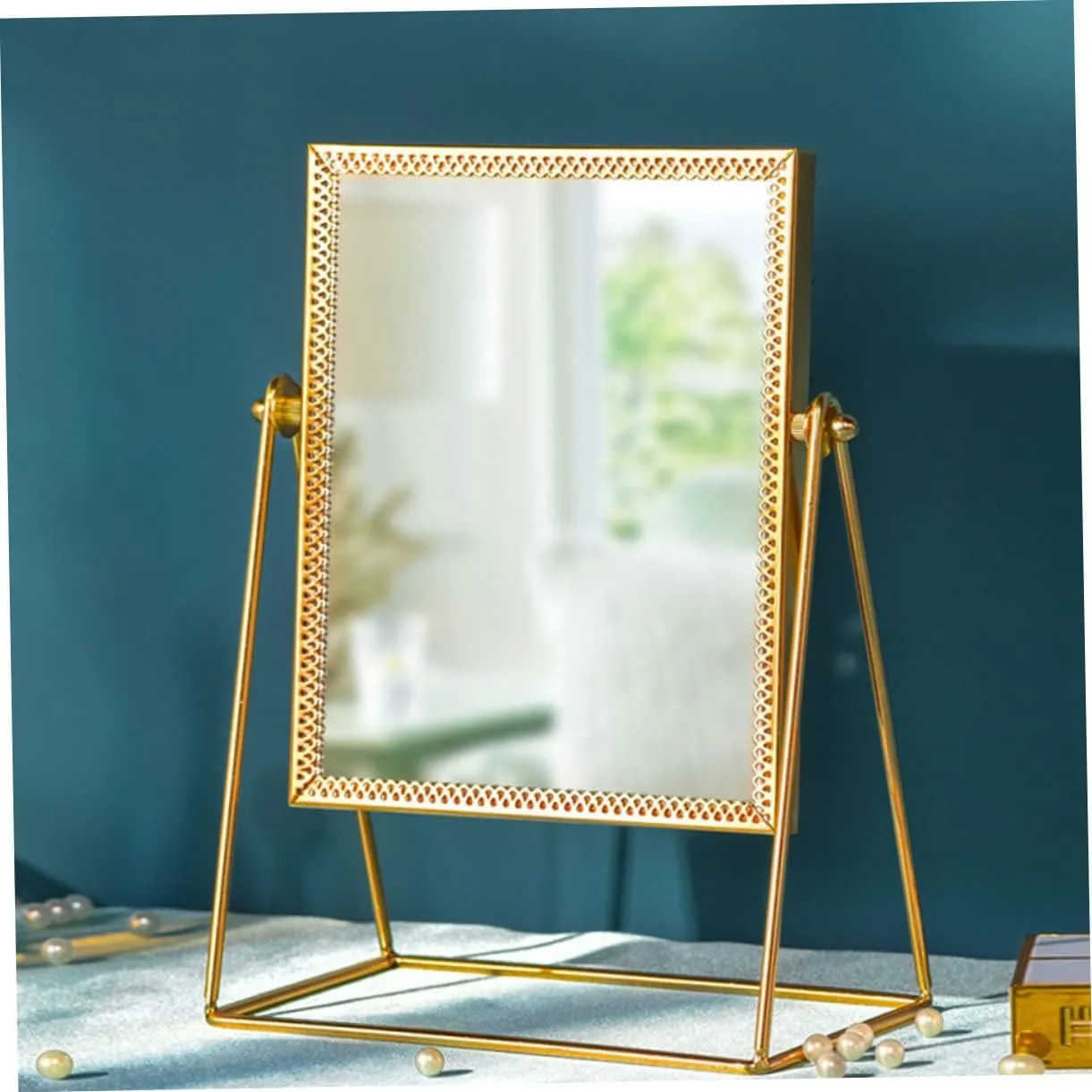 1pc Square Flower Lace Makeup Mirror Decorative Desk Mirror for Friends Family Elegant Design Golden Finish