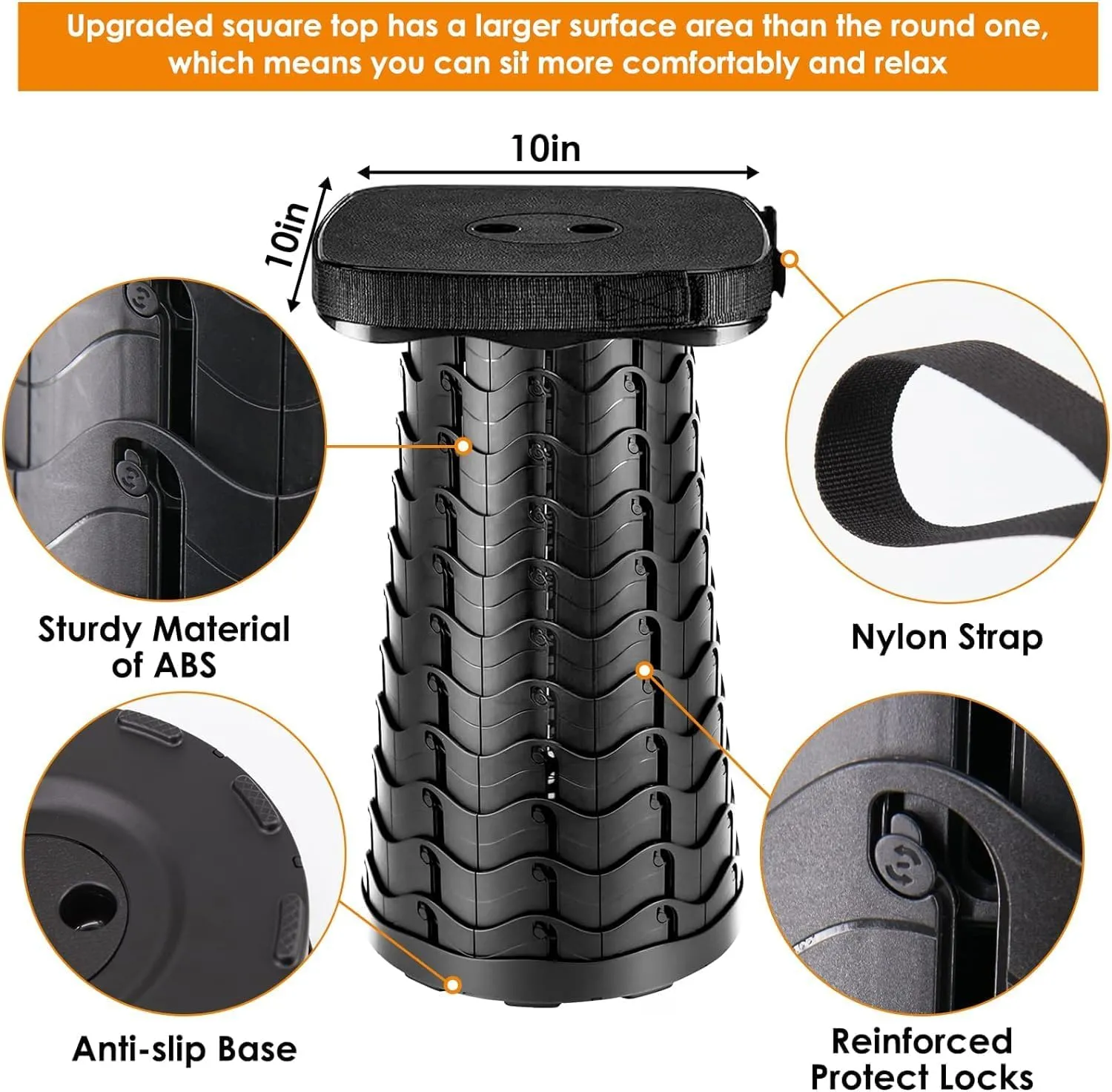 2 Pack Folding Camping Stool, Square Collapsible Portable Stool,Collapsible Stool with Elastic Seat Cushion& Adjustable Nylon Bag, Sturdy Lightweight Telescoping Foldable Stool,Max Load 485lb