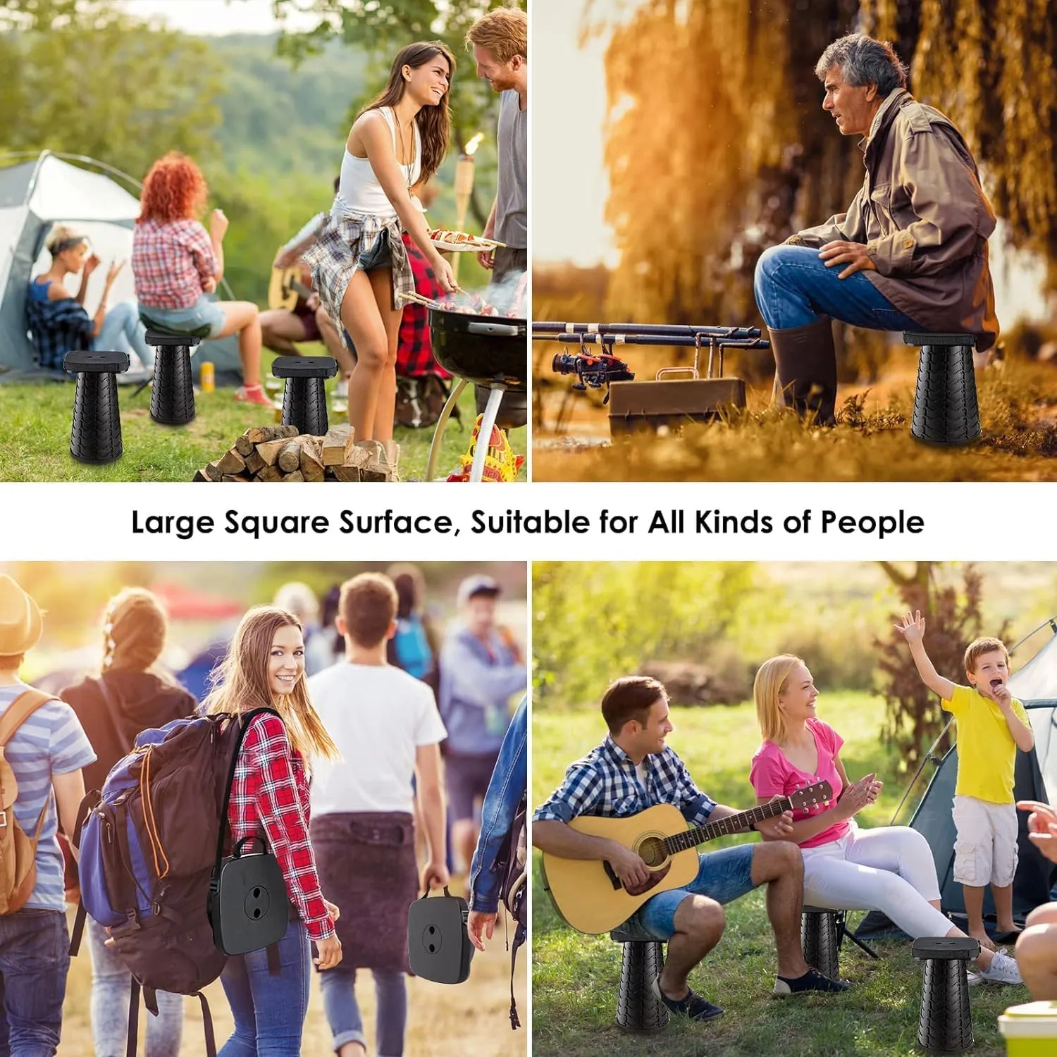 2 Pack Folding Camping Stool, Square Collapsible Portable Stool,Collapsible Stool with Elastic Seat Cushion& Adjustable Nylon Bag, Sturdy Lightweight Telescoping Foldable Stool,Max Load 485lb