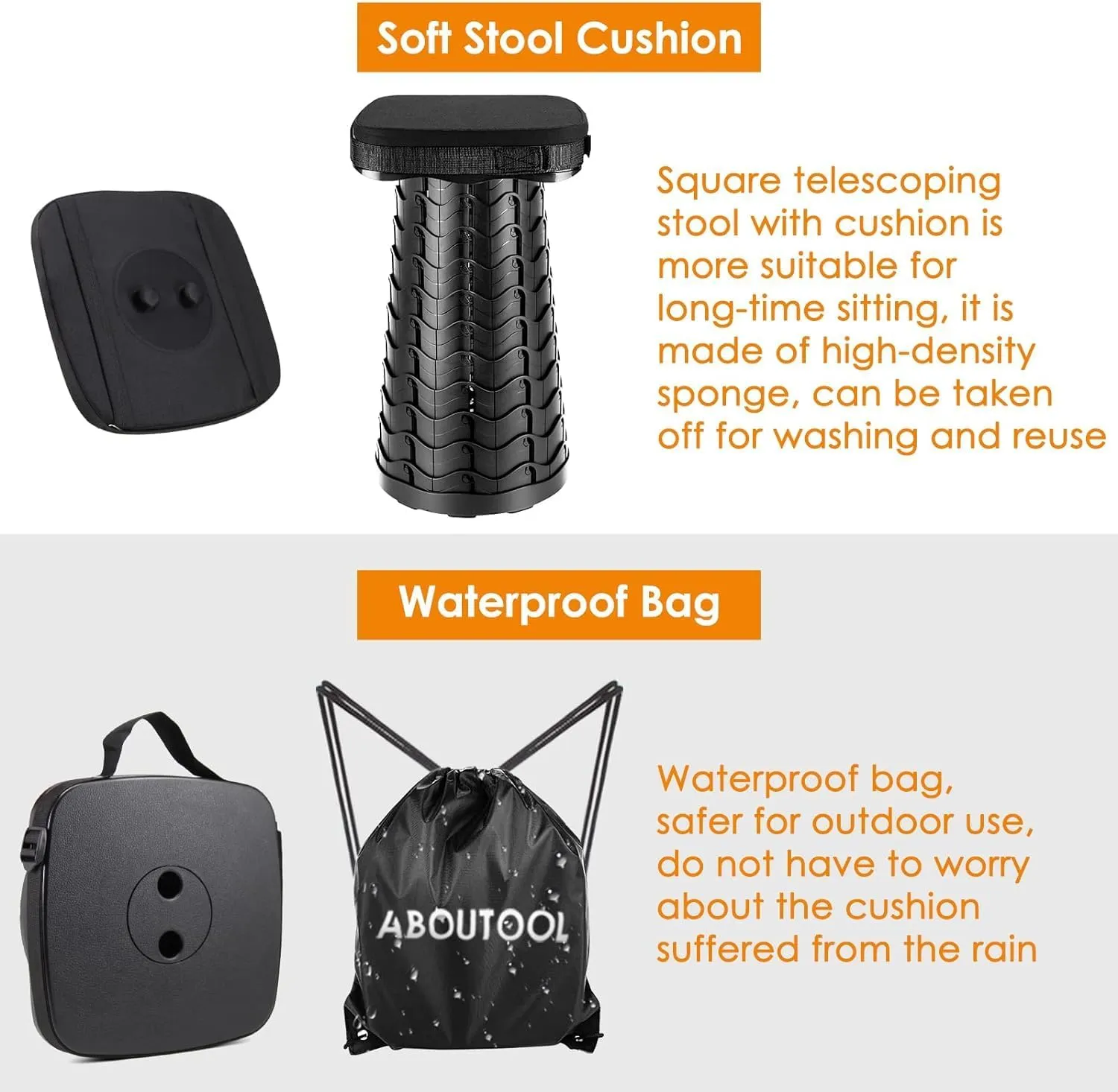2 Pack Folding Camping Stool, Square Collapsible Portable Stool,Collapsible Stool with Elastic Seat Cushion& Adjustable Nylon Bag, Sturdy Lightweight Telescoping Foldable Stool,Max Load 485lb