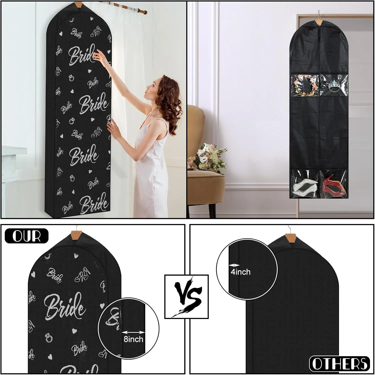 2 Packs 70" Wedding Dress Garment Bag with 8" Wedding Garment Gusseted Tote Bag for Storage and Travel Prom
