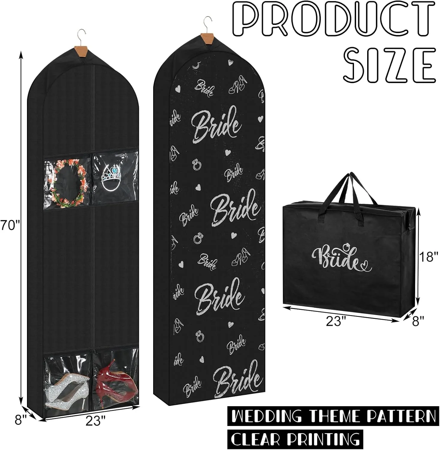 2 Packs 70" Wedding Dress Garment Bag with 8" Wedding Garment Gusseted Tote Bag for Storage and Travel Prom