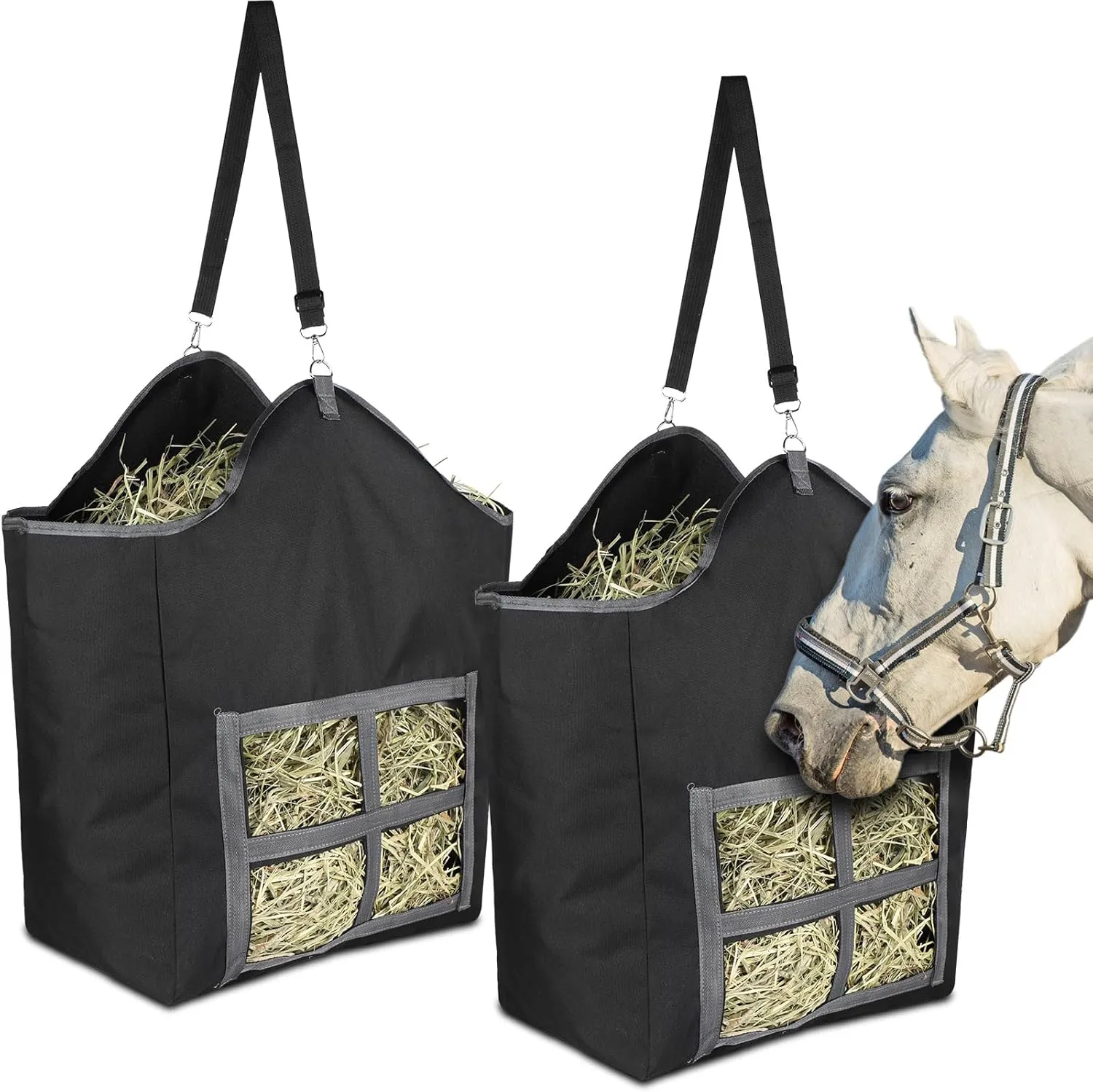 2 Packs Large Hay Bags for Horse 24 oz Canvas Horse Hay Feeder Bag with Metal Fastener and Heavy Adjustable Strap Nets for Sheep Goats Open Feed Hole for Slow Feeding
