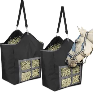 2 Packs Large Hay Bags for Horse 24 oz Canvas Horse Hay Feeder Bag with Metal Fastener and Heavy Adjustable Strap Nets for Sheep Goats Open Feed Hole for Slow Feeding