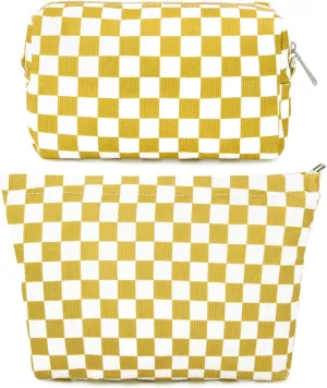 2 Pcs Checkered Makeup Bag Large Cosmetic Bag Toiletry Bag Makeup Pouch Travel Bag Organizer Cute Makeup Brushes Aesthetic Accessories Storage Bag for Women Golden Yellow