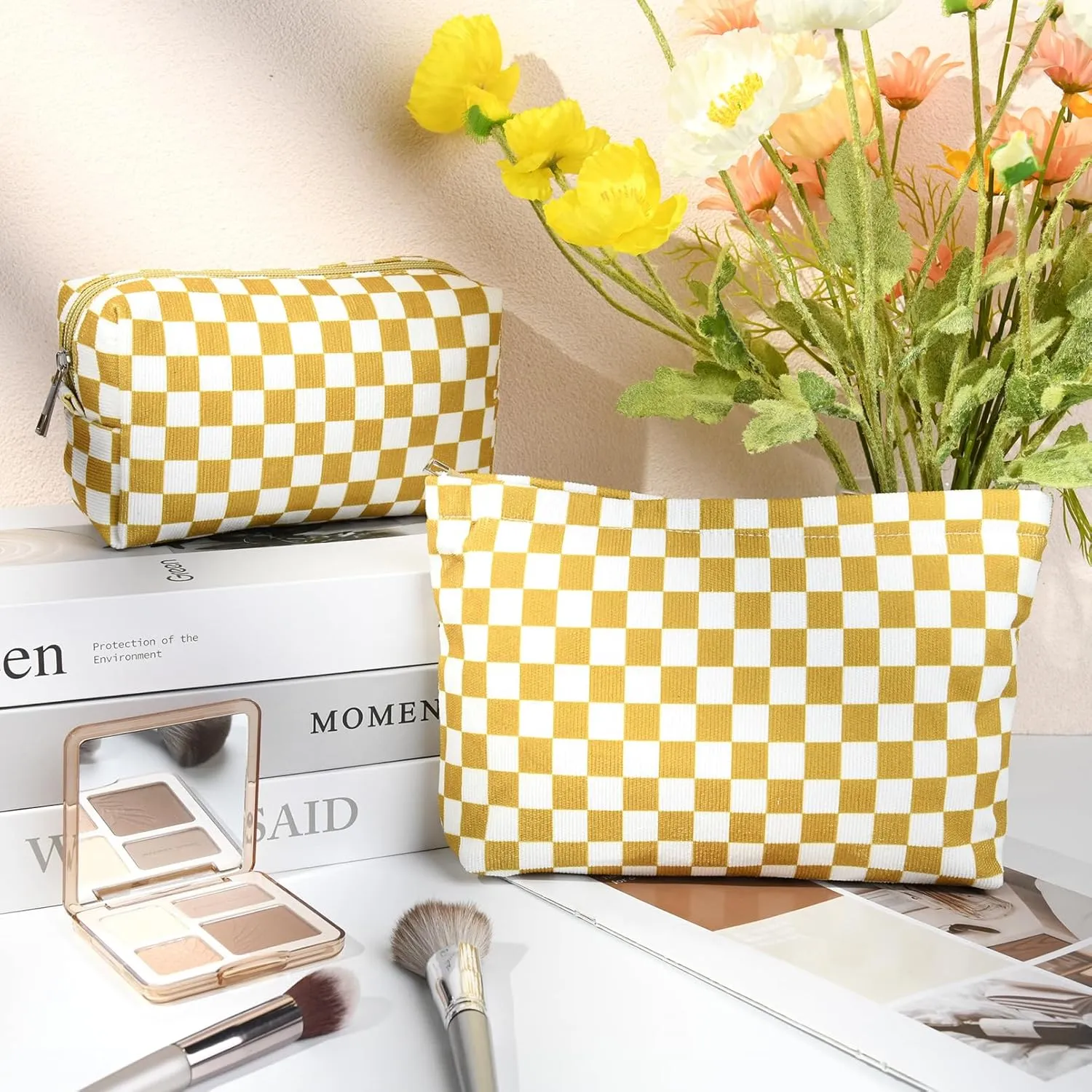 2 Pcs Checkered Makeup Bag Large Cosmetic Bag Toiletry Bag Makeup Pouch Travel Bag Organizer Cute Makeup Brushes Aesthetic Accessories Storage Bag for Women Golden Yellow