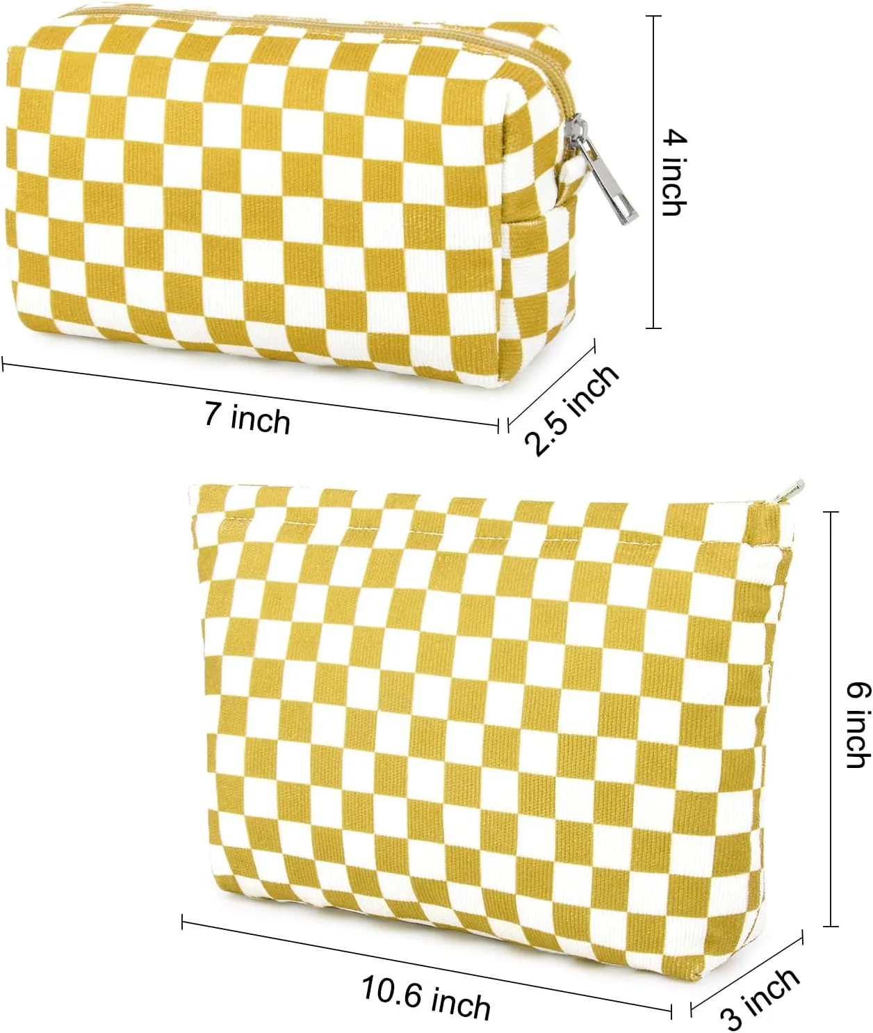 2 Pcs Checkered Makeup Bag Large Cosmetic Bag Toiletry Bag Makeup Pouch Travel Bag Organizer Cute Makeup Brushes Aesthetic Accessories Storage Bag for Women Golden Yellow
