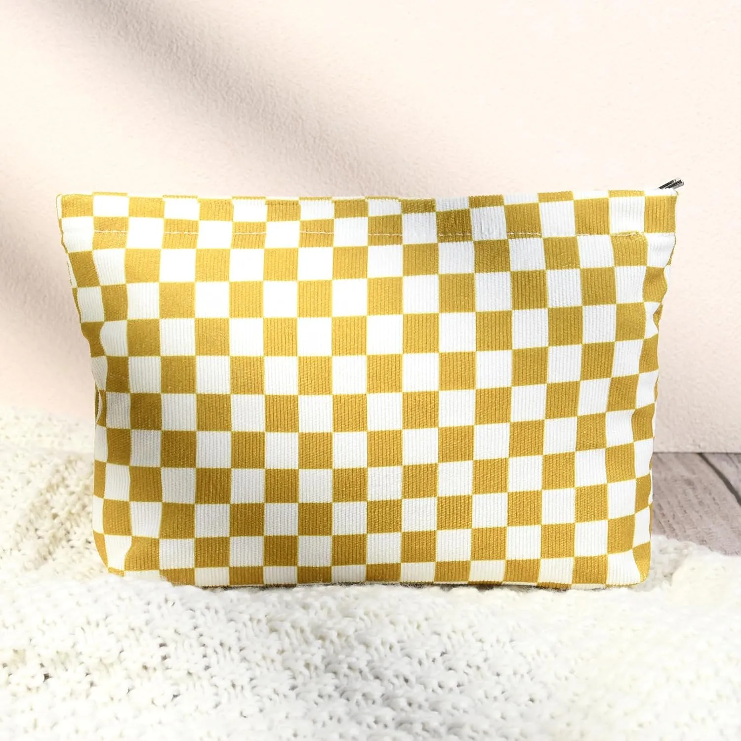 2 Pcs Checkered Makeup Bag Large Cosmetic Bag Toiletry Bag Makeup Pouch Travel Bag Organizer Cute Makeup Brushes Aesthetic Accessories Storage Bag for Women Golden Yellow
