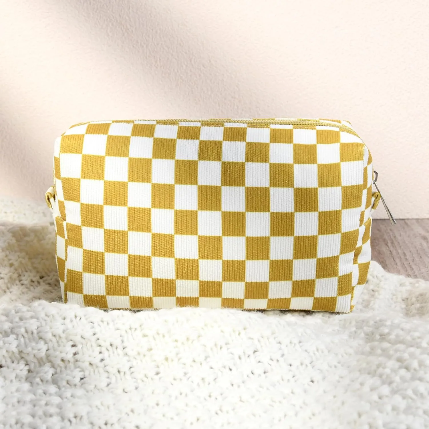 2 Pcs Checkered Makeup Bag Large Cosmetic Bag Toiletry Bag Makeup Pouch Travel Bag Organizer Cute Makeup Brushes Aesthetic Accessories Storage Bag for Women Golden Yellow