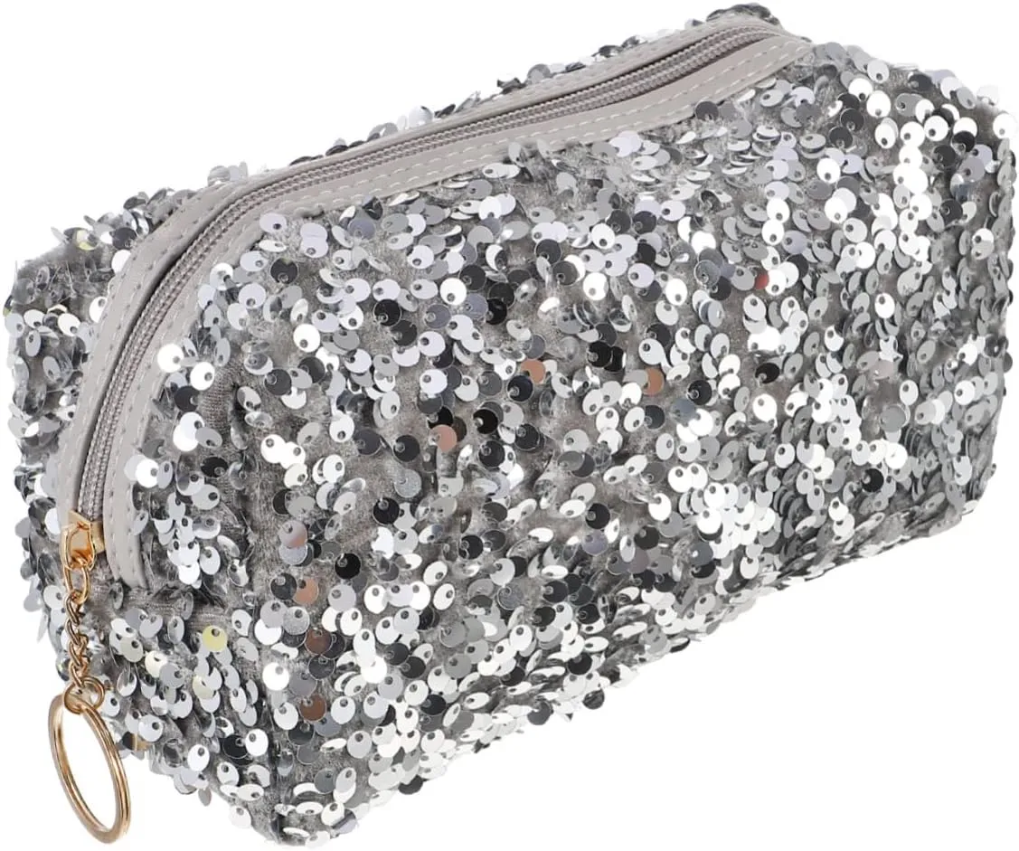 2 pcs Toiletry Skin Storage Portable Sequin Large Travel Capacity Bag Girls Ladies, Silverx3pcs, 19X10CMx3pcs