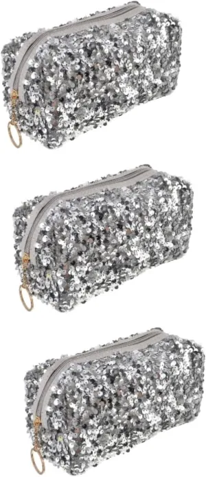 2 pcs Toiletry Skin Storage Portable Sequin Large Travel Capacity Bag Girls Ladies, Silverx3pcs, 19X10CMx3pcs