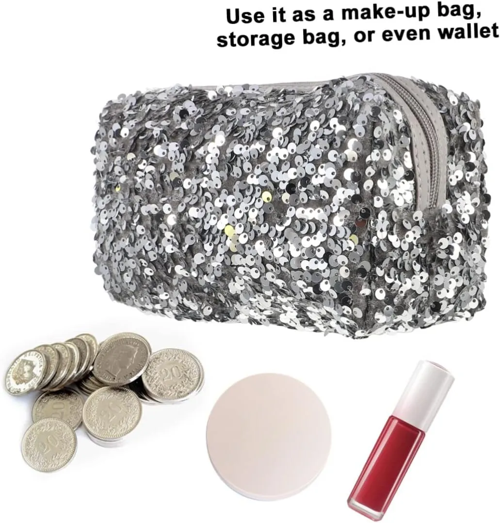 2 pcs Toiletry Skin Storage Portable Sequin Large Travel Capacity Bag Girls Ladies, Silverx3pcs, 19X10CMx3pcs