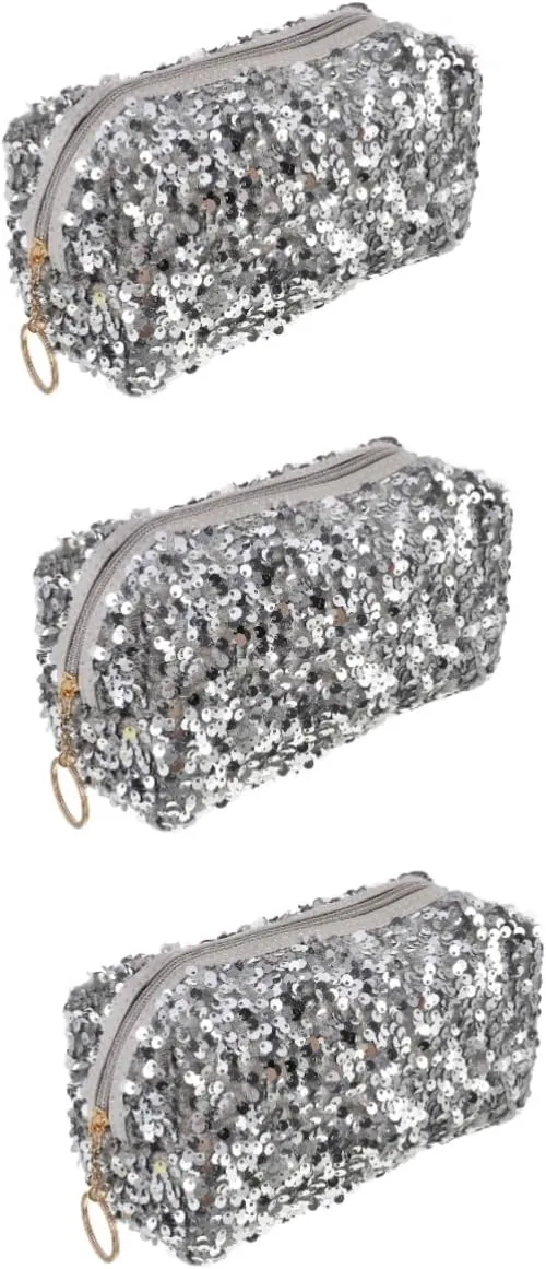 2 pcs Toiletry Skin Storage Portable Sequin Large Travel Capacity Bag Girls Ladies, Silverx3pcs, 19X10CMx3pcs