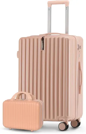 2-piece Luggage Sets 20in Carry on Suitcase and 14in Cosmetic Bag, airline approved luggage sets,Hardside Luggage with Spinner Wheels TSA Lock (Pink)