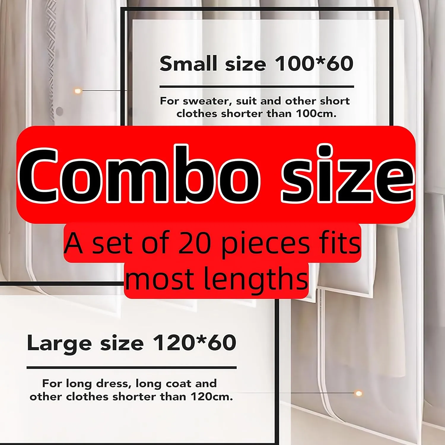 20 Pack Combo Size Clear Garment Bags for Hanging Clothes with Full Zipper for Closet Storage, Clothes Cover For Hanging, Wardrobe Bags for Hanging Clothes.(120 x 60CM x 10P, 100 x 60CM x 10P)