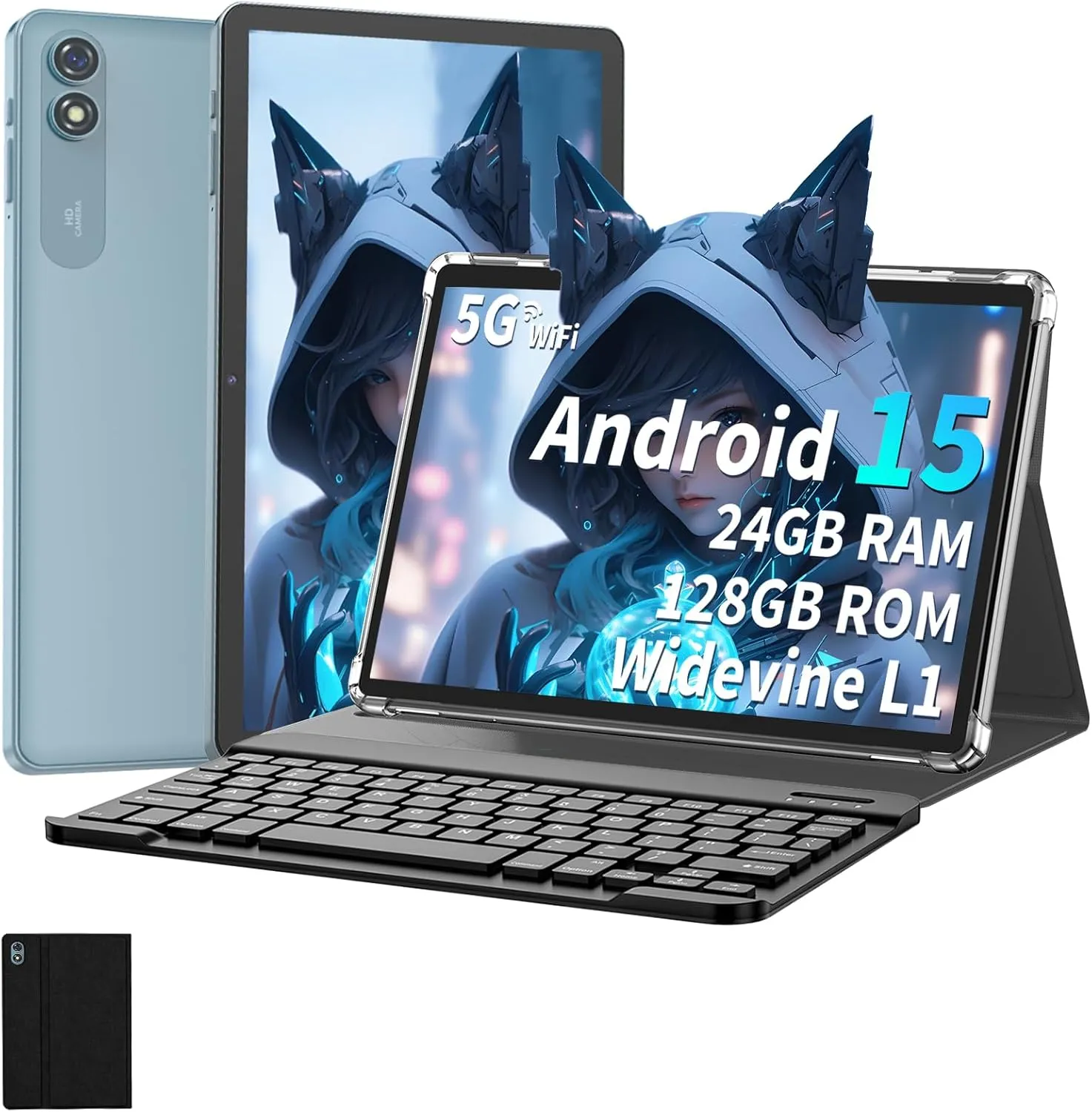 2025 Tablet, 10 inch Android 15 Tablet with Keyboard, 24GB RAM 128GB ROM(1TB Expand), Octa Core, 5G/2.4G WiFi, 8000mAh, BT V5.0, with Case, Mouse, Stylus, Split-Screen(Black)