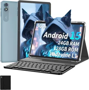 2025 Tablet, 10 inch Android 15 Tablet with Keyboard, 24GB RAM 128GB ROM(1TB Expand), Octa Core, 5G/2.4G WiFi, 8000mAh, BT V5.0, with Case, Mouse, Stylus, Split-Screen(Black)