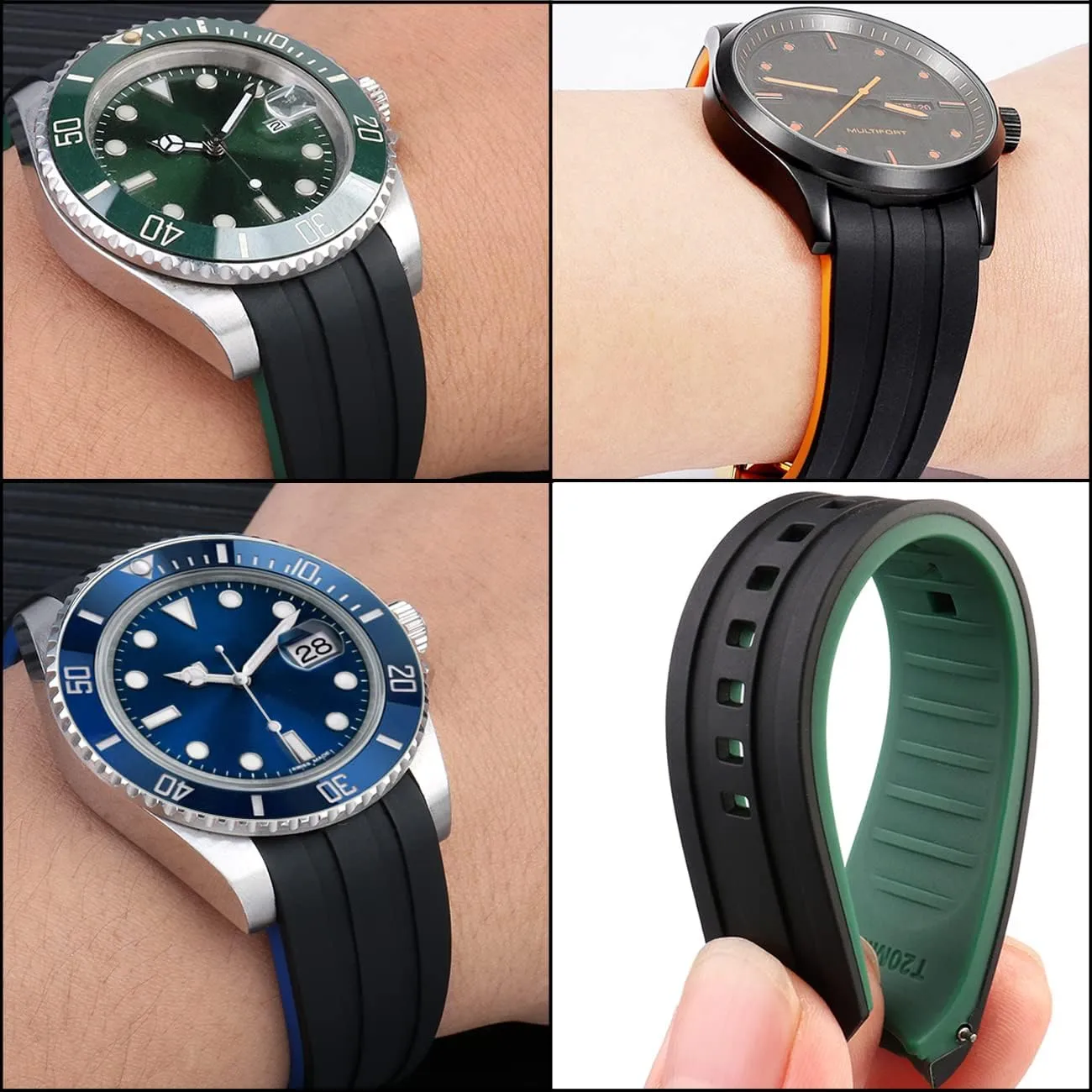 20mm 22mm Silicone Universal Watch Band Curved End Two Colors Black White Green Blue Orange Red Gray Rubber Quick Release Watch Strap for Men Women