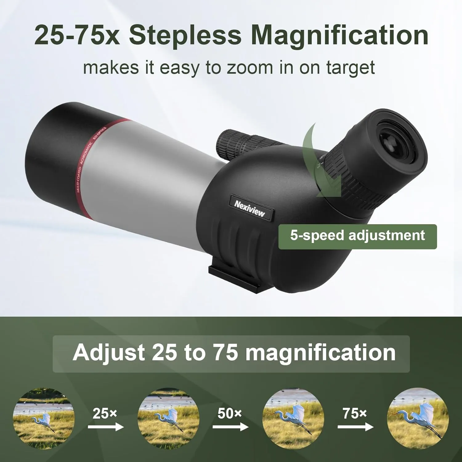 25-75x60 Spotting Scope with 64in Tripod, Carry Bag - Clear Low Light Vision Spotting Scopes - Fogproof Spotting Scopes for Target Shooting, Hunting, Birding, Wildlife Viewing (Grey)