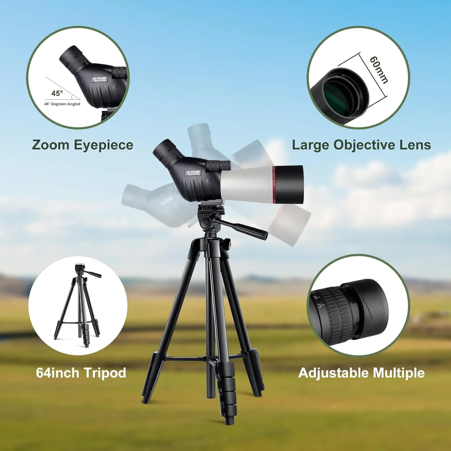 25-75x60 Spotting Scope with 64in Tripod, Carry Bag - Clear Low Light Vision Spotting Scopes - Fogproof Spotting Scopes for Target Shooting, Hunting, Birding, Wildlife Viewing (Grey)