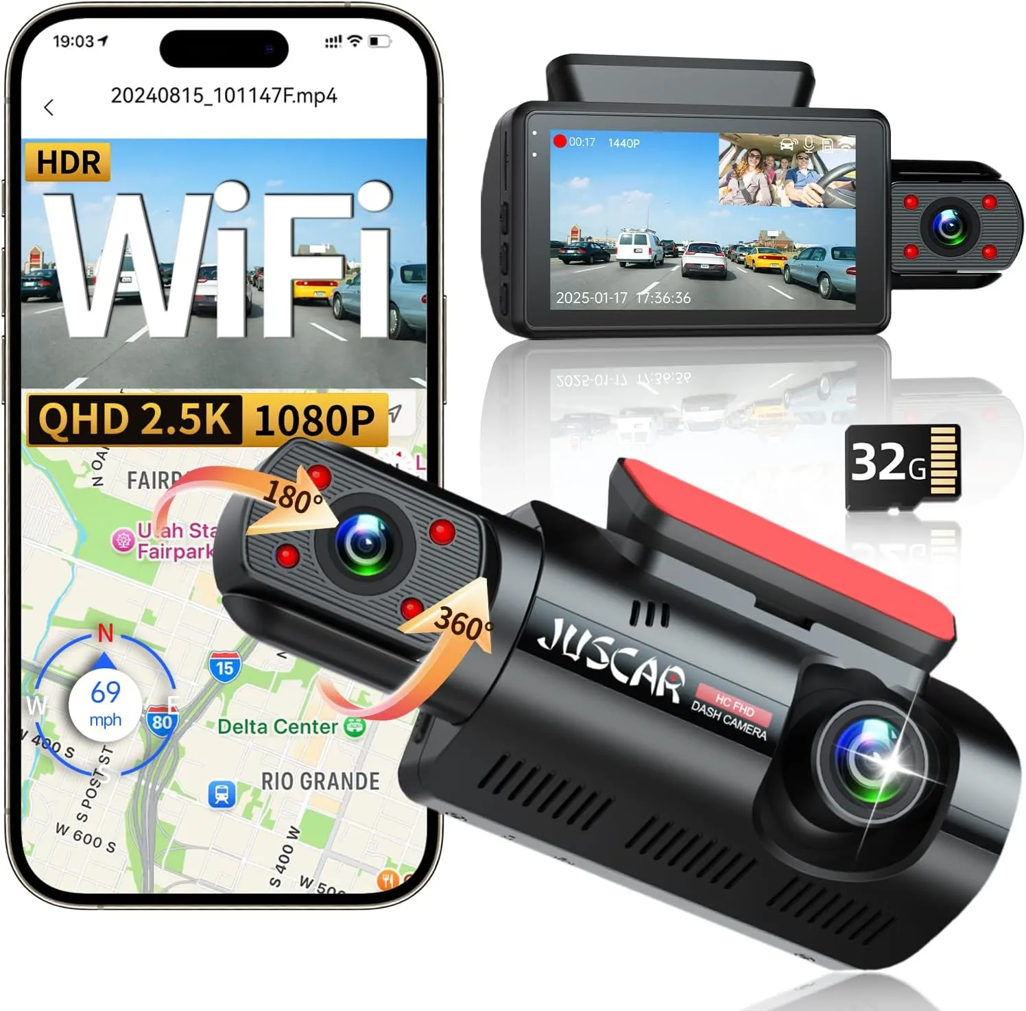 2.5K 1080P Dual Dash Cam Front and Inside, WiFi & GPS Dash Camera for Cars with 32G Card, IR Night Vision, 3" IPS Screen, Inside Car Camera for Taxi Driver, Support 256GB Max, App Control