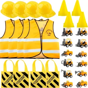 28 Pcs Kids Construction Worker Costume Set Include 4 Construction Vest 4 Worker Hat 4 Tote Bag 4 Traffic Cones 12 Construction Cars Vehicles for Dress Up