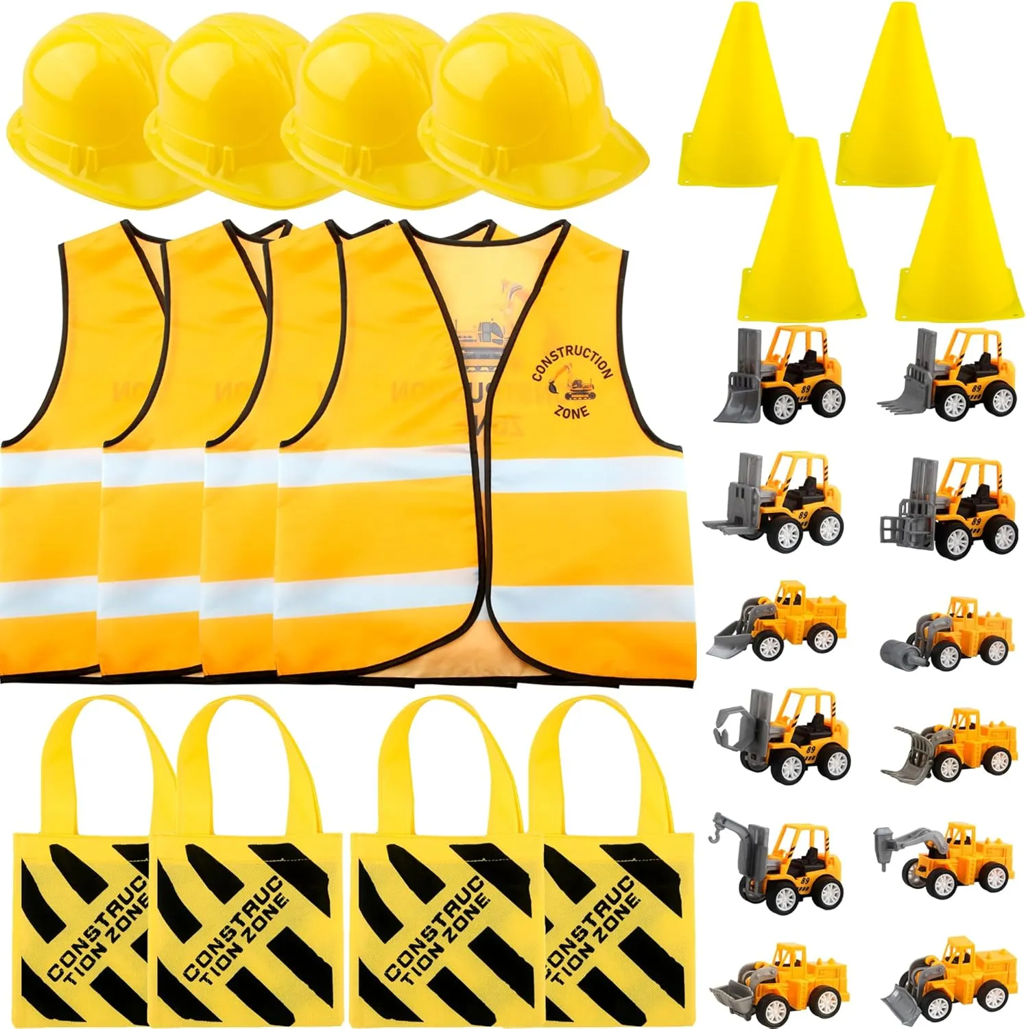 28 Pcs Kids Construction Worker Costume Set Include 4 Construction Vest 4 Worker Hat 4 Tote Bag 4 Traffic Cones 12 Construction Cars Vehicles for Dress Up