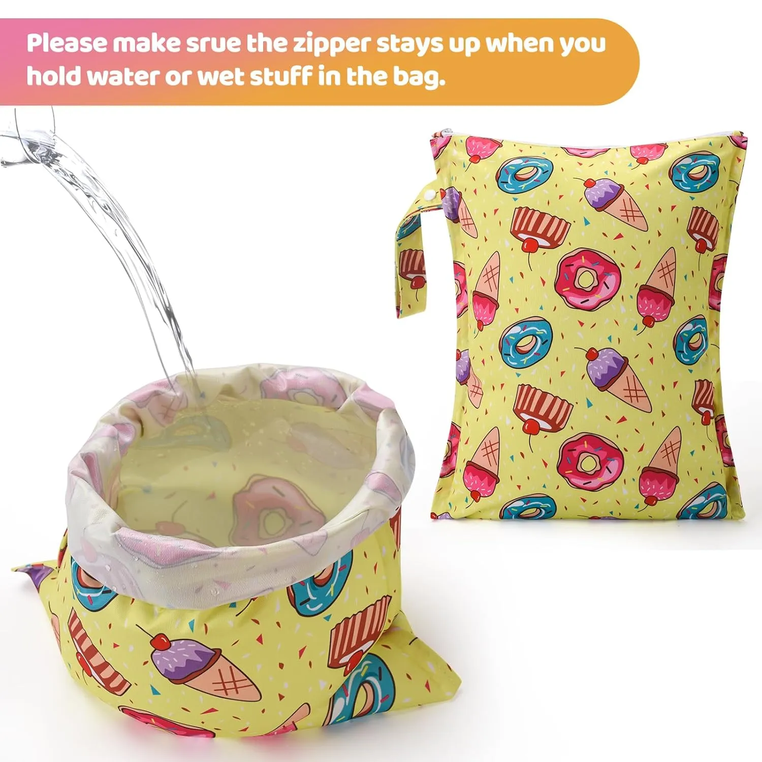 2pcs Waterproof Wet bags for Baby Cloth Diaper Soiled Items Swimsuit Travel Beach Pool Pump Parts Dirty Yoga Gym Clothes Makeup Bag Reusable&Lightweight-Ice Cream,Lollipop