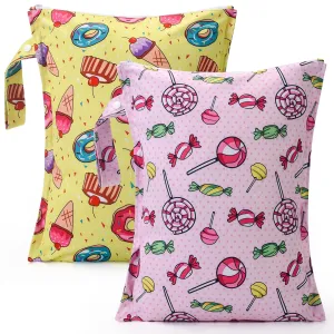 2pcs Waterproof Wet bags for Baby Cloth Diaper Soiled Items Swimsuit Travel Beach Pool Pump Parts Dirty Yoga Gym Clothes Makeup Bag Reusable&Lightweight-Ice Cream,Lollipop
