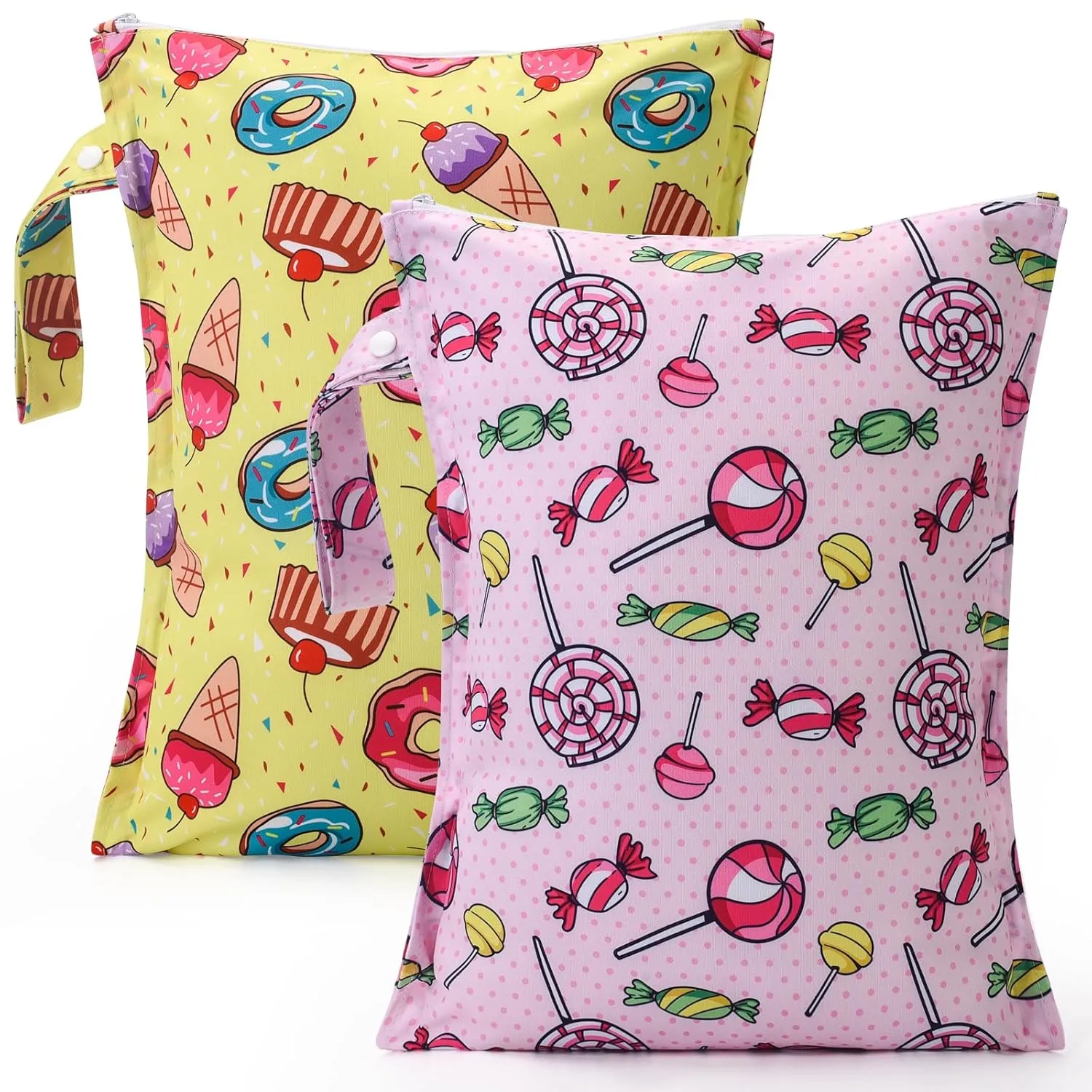 2pcs Waterproof Wet bags for Baby Cloth Diaper Soiled Items Swimsuit Travel Beach Pool Pump Parts Dirty Yoga Gym Clothes Makeup Bag Reusable&Lightweight-Ice Cream,Lollipop