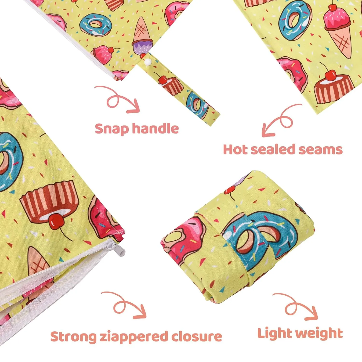 2pcs Waterproof Wet bags for Baby Cloth Diaper Soiled Items Swimsuit Travel Beach Pool Pump Parts Dirty Yoga Gym Clothes Makeup Bag Reusable&Lightweight-Ice Cream,Lollipop