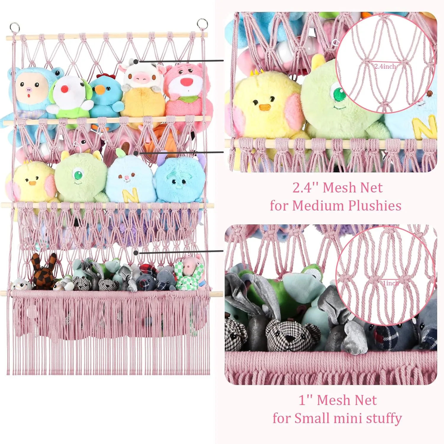 3 Tier Hanging Stuffed Animal Storage Shelf, 24x39 Inch Large Stuffed Animal Organizer Display for Mini Medium Stuffy Teddy, Pink Boho Macrame Stuffy Storage w/LED Light & Clips for Kids Girls Boys