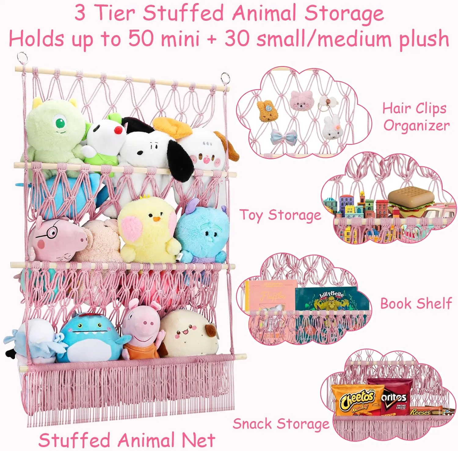 3 Tier Hanging Stuffed Animal Storage Shelf, 24x39 Inch Large Stuffed Animal Organizer Display for Mini Medium Stuffy Teddy, Pink Boho Macrame Stuffy Storage w/LED Light & Clips for Kids Girls Boys