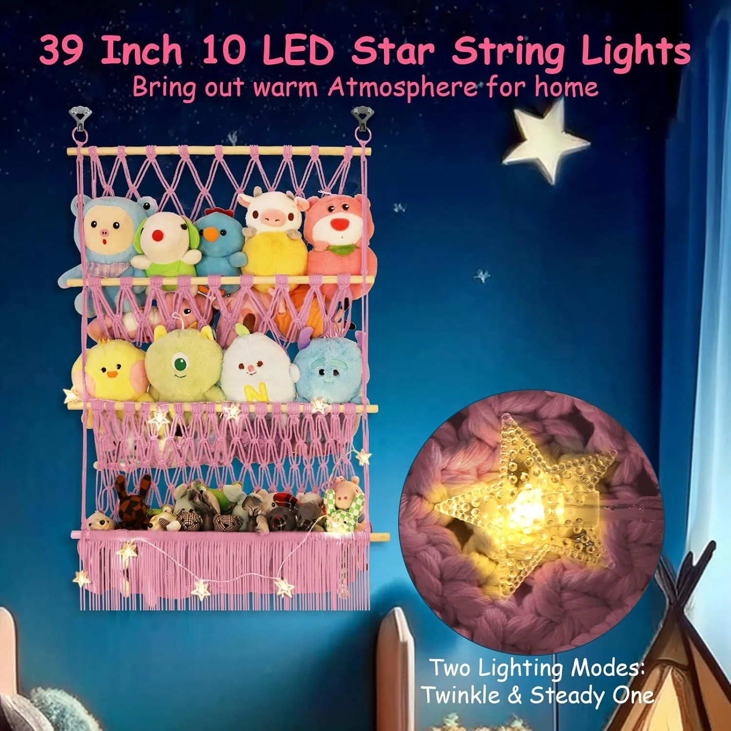 3 Tier Hanging Stuffed Animal Storage Shelf, 24x39 Inch Large Stuffed Animal Organizer Display for Mini Medium Stuffy Teddy, Pink Boho Macrame Stuffy Storage w/LED Light & Clips for Kids Girls Boys