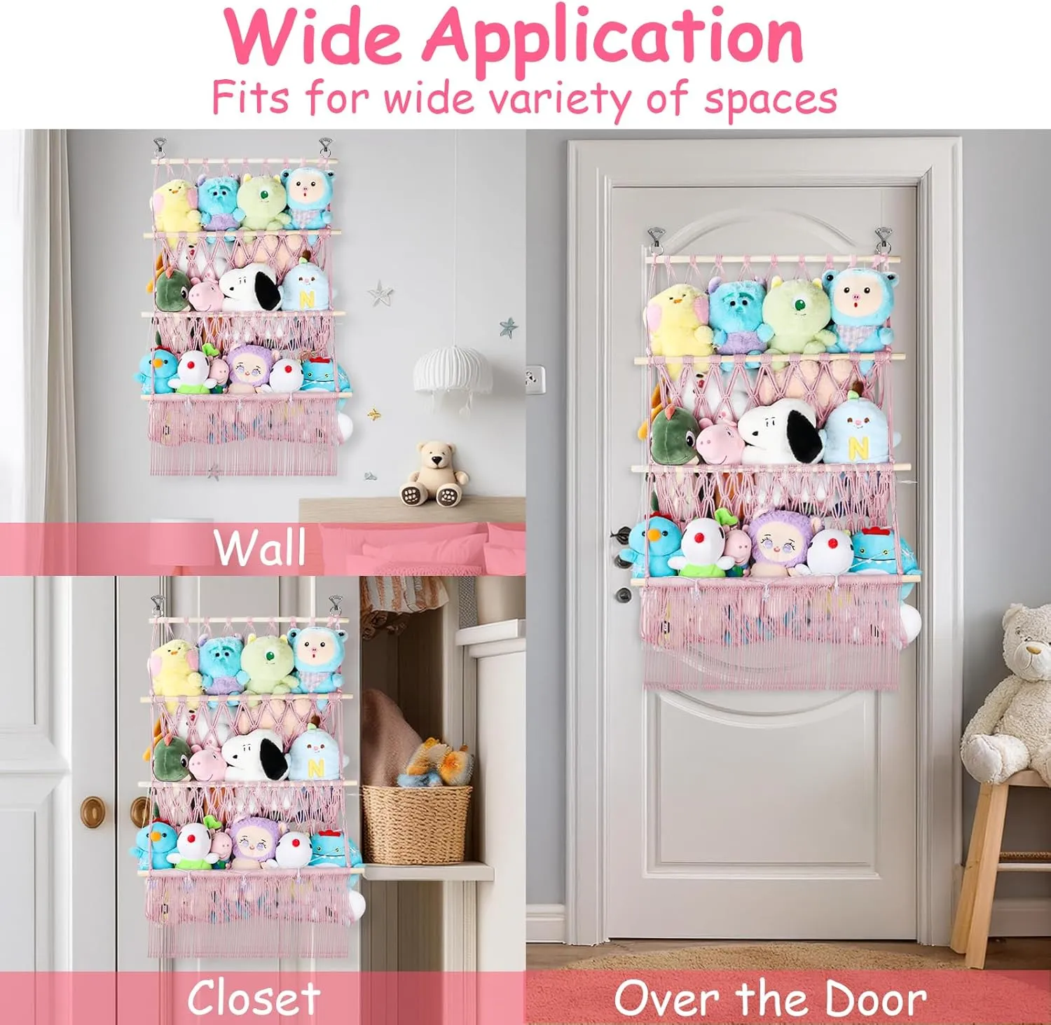 3 Tier Hanging Stuffed Animal Storage Shelf, 24x39 Inch Large Stuffed Animal Organizer Display for Mini Medium Stuffy Teddy, Pink Boho Macrame Stuffy Storage w/LED Light & Clips for Kids Girls Boys